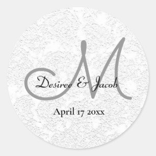 Simple White Black Grey Elegant Wedding Monogram Classic Round Sticker