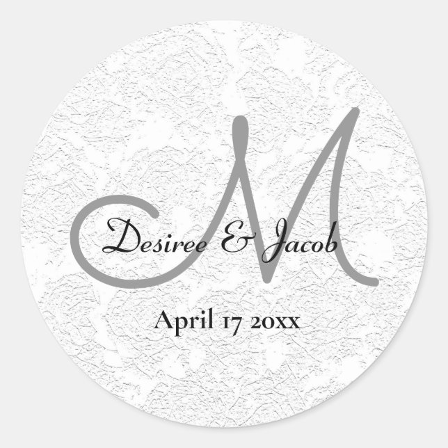 Simple White Black Grey Elegant Wedding Monogram Classic Round Sticker (Front)