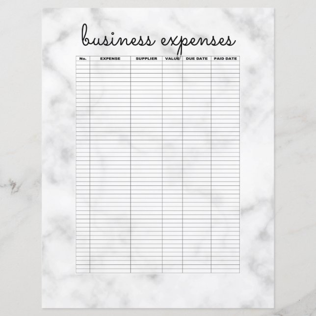 Simple White Black Marble Business Expenses (Front)