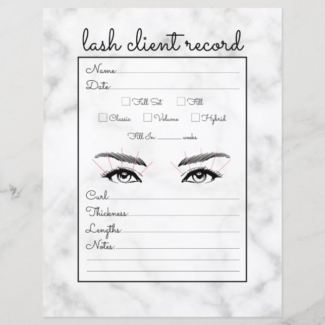 Simple White Black Marble Lash Client Record (Front)