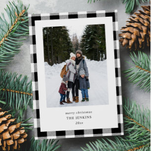 Simple White Black Plaid Border 2 Photos Christmas Holiday Card