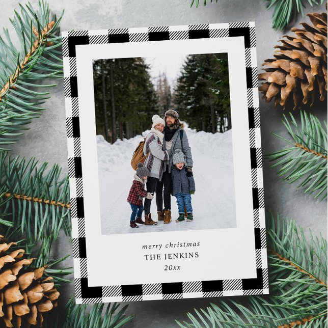 Simple White Black Plaid Border 2 Photos Christmas Holiday Card (Creator Uploaded)