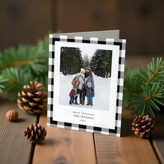 Simple WHITE Black Plaid Border 3 Photos Christmas Holiday Card (Creator Uploaded)