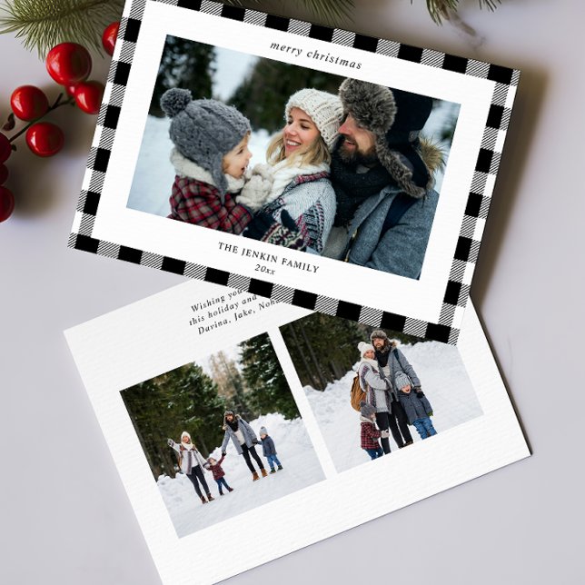 Simple White Black Plaid Border 3 Photos Christmas Holiday Card (Creator Uploaded)