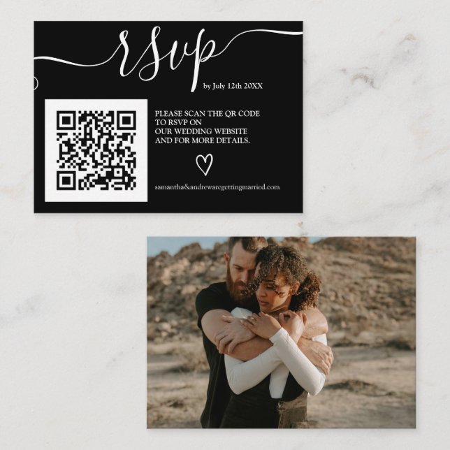 Simple white black wedding rsvp Qr code photo Enclosure Card (Front/Back)