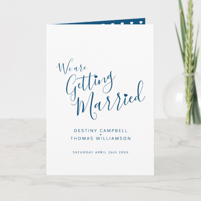 Simple white blue heart photo folded wedding invitation (Front)
