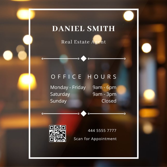 Simple White Business Office QR Code Office Hours (Simple Business Sign with Office Hours window cling)
