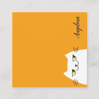 Simple White Cat Cartoon Funny Yellow Square Business Card