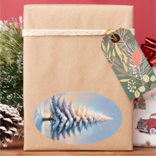 Simple White Christmas Pine Tree on a Sunny Day Oval Sticker
