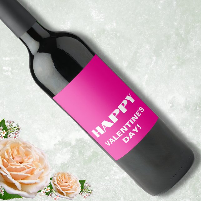 Simple White Clean Happy Valentines Day | Hot Pink Wine Label (Creator Uploaded)