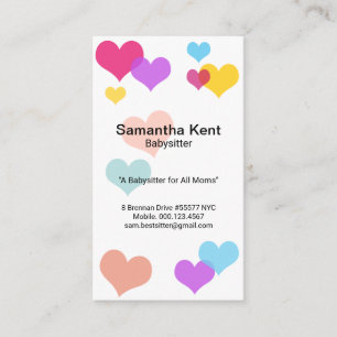 Simple White Colourful Floating Hearts Babysitting Business Card