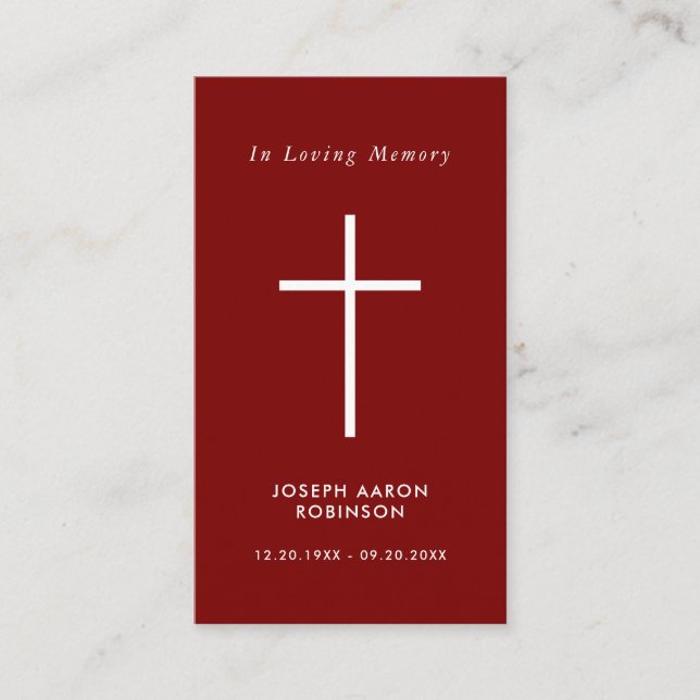 Simple White Cross Red Memorial Prayer Card (Front)