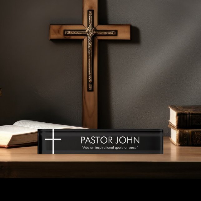 Simple White Cross with Name and Quote on Black Nameplate (Creator Uploaded)