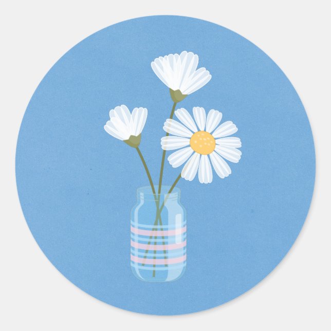 Simple White Daisies Mason Jar on Blue Classic Round Sticker (Front)