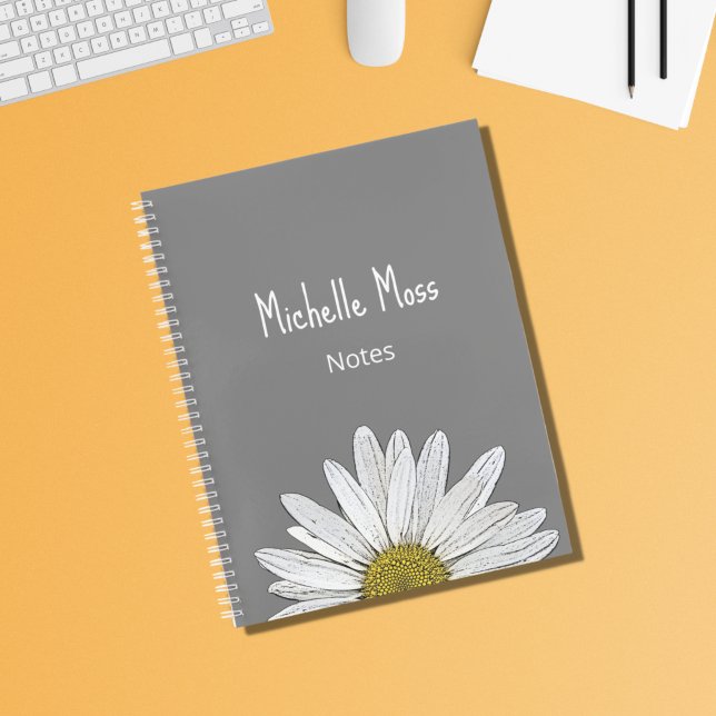 Simple White Daisy Botanical Personalised Grey Notebook (Creator Uploaded)