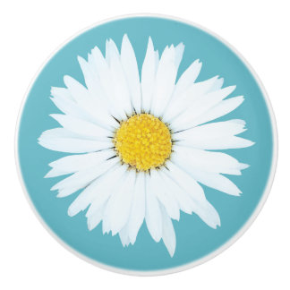Simple White Daisy on Blue Ceramic Knob