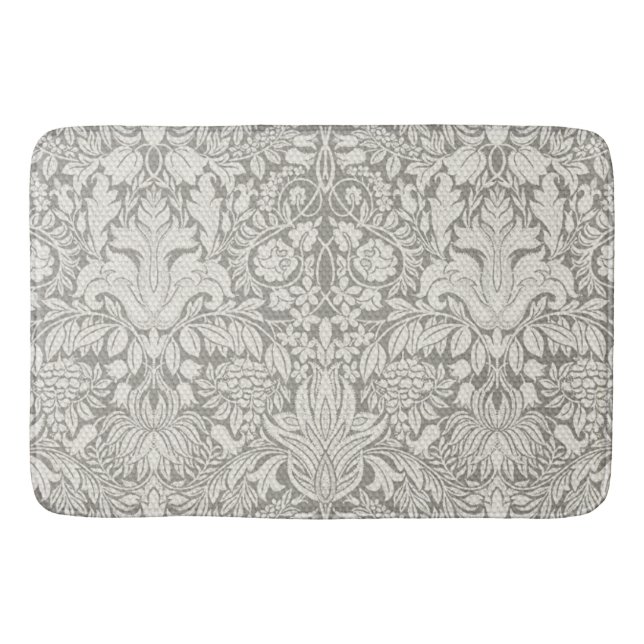 Simple White Damask Floral Pattern Bath Mat (Front)