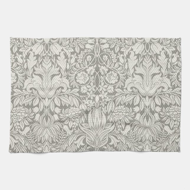 Simple White Damask Floral Pattern Tea Towel (Horizontal)