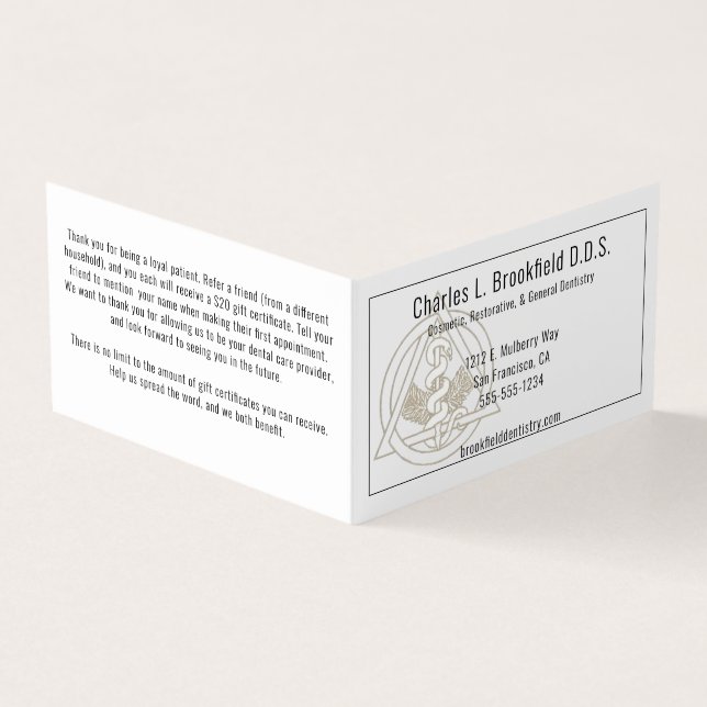 Simple White Dentist Referral  Business Card (Outside)