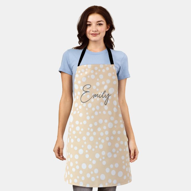 Simple white dotted pattern on peach background apron (Worn)