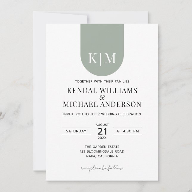 Simple white dusty green elegant monogram wedding invitation (Front)