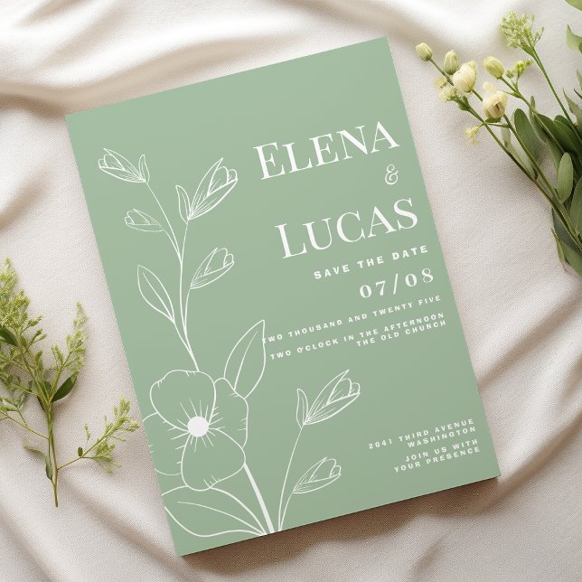 Simple white dusty mint flowers sketch wedding invitation (Simple white dusty mint flowers sketch wedding)