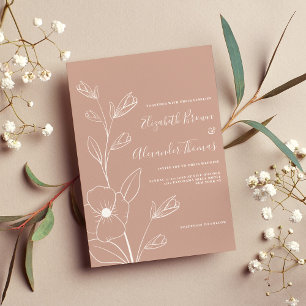 Simple white dusty rose flowers sketch wedding invitation