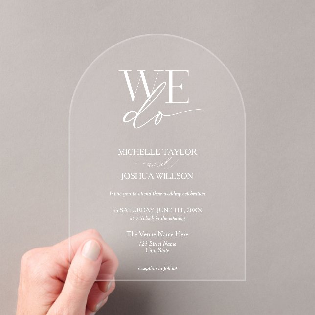 Simple White Elegant Minimalist WE DO Wedding  Acrylic Invitations (Insitu (Handheld))