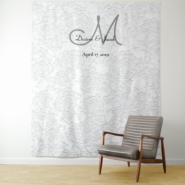Simple White Elegant Wedding Monogram Photo Booth Tapestry (In Situ)
