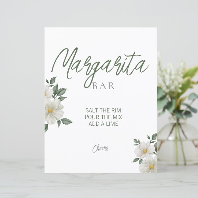 Simple White Floral Bridal Shower Margarita Sign (Standing Front)