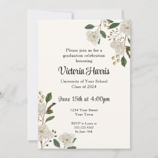 Simple White Floral Class of Graduation Party Invitation