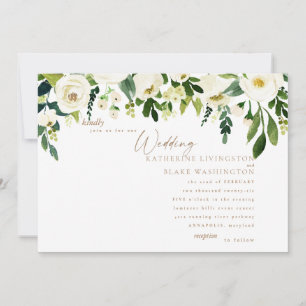 Simple White Floral & Gold Wedding Invitation
