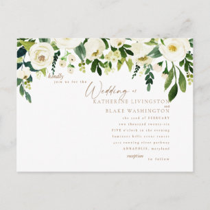 Simple White Floral & Gold Wedding Invitation Postcard