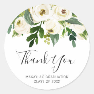 Simple White Floral Roses Elegant Graduation Classic Round Sticker