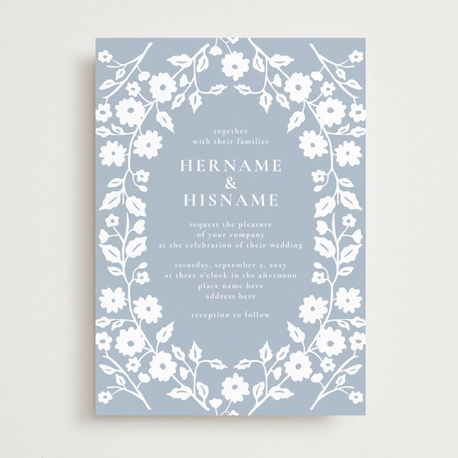 Simple White Folk Floral Dusty Blue Wedding Invitation (Creator Uploaded)