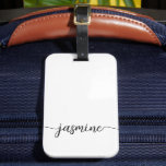 Simple White Girly Monogram Name Script Luggage Tag<br><div class="desc">Girly Feminine Minimalist Simple Clean White Monogram Name Signature Script Custom Personalised Luggage Bag Tag. This design featuring your first name in a pretty hand lettered style swash tail calligraphy font signature (or typography) in black on white colour background. Easy to customise it. Stylish feminine gift for wedding, bridal shower,...</div>