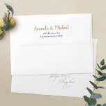 Simple White Gold 5 x 7 Return Address Wedding Envelope<br><div class="desc">These white pre-addressed 5 x 7 wedding invitation envelopes are easy to customise with your details. We've placed your return address on the flap in a standard black with your names in an elegant gold tone sometimes called California Gold(colour #A98F64), but you can easily change the text colour to suit...</div>