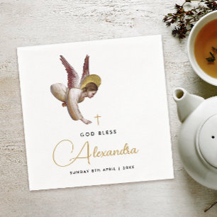 Simple White Gold Angel Bless Baptism Calligraphy Napkin