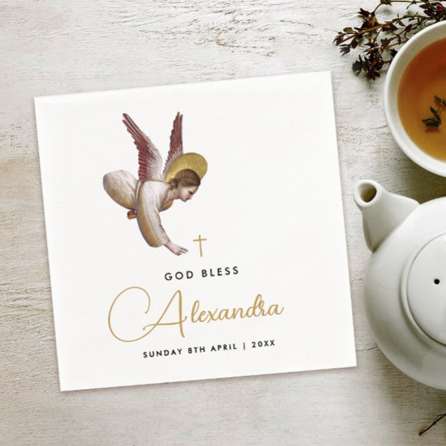 Simple White Gold Angel Bless Baptism Calligraphy Napkin (Creator Uploaded)