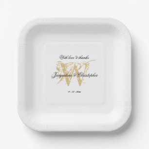 Simple White Gold Chic Wedding Elegant Monogram Paper Plate