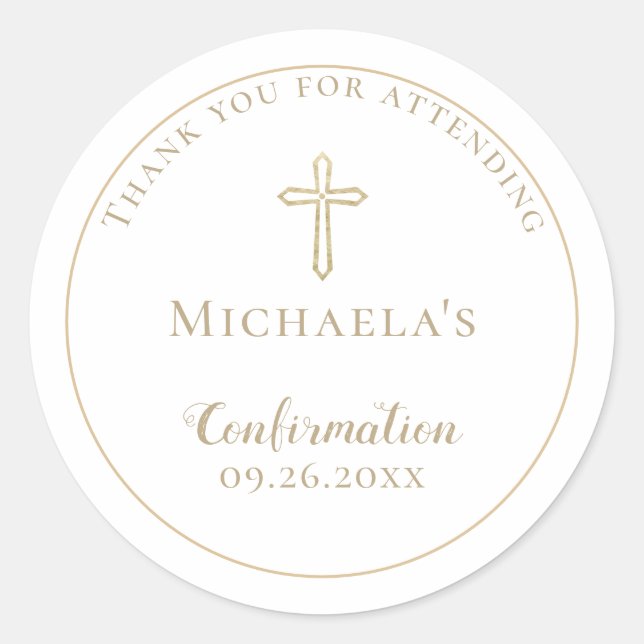 Simple White Gold Cross Confirmation  Classic Round Sticker (Front)