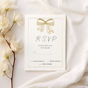 Simple white gold glitter bow ribbon RSVP  Invitation