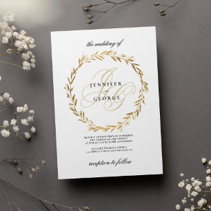 Simple white gold leaf monogram initials Wedding  Invitation