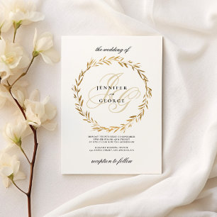Simple white gold leaf monogram initials Wedding  Invitation