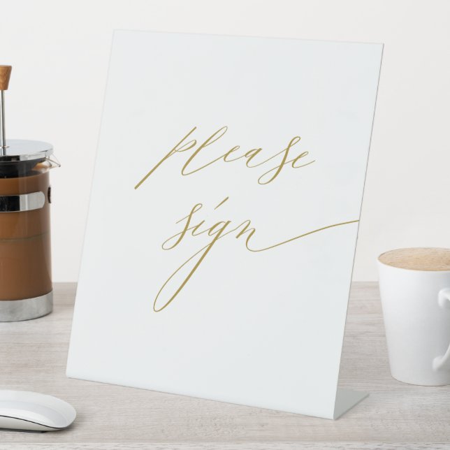 Simple White Gold Modern Script Wedding Guestbook Pedestal Sign (In SItu)