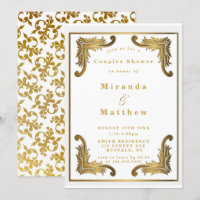 Simple White Gold Ornament Couples Shower Invites