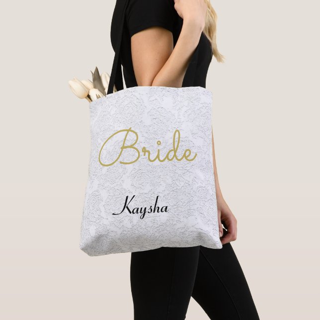 Simple White Gold Wedding Bride Tote Bag (Close Up)