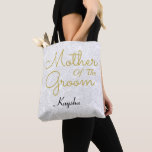 Simple White Gold Wedding Mother Of The Groom Tote Bag<br><div class="desc">Simple white gold black wedding Mother Of The Groom custom design name tote bag. Floral minimalist pattern customise typography. Classy,  chic,  elegant,  modern,  trendy,  stylish,  beautiful succulent metallic. To change script,  click edit design. Image copyright Marg Seregelyi Photography.</div>