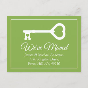 Simple White Green Minimal Key Moving Announcement Postcard