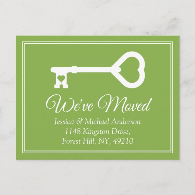 Simple White Green Minimal Key Moving Announcement Postcard (Front)